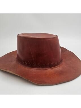 Vintage Handmade Mexican Tooled Leather Cowboy Hat,Cognac Brown Circ.22.5" 7 1/4